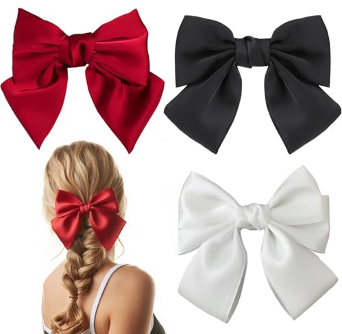 LilGoo 3PCS Hair Bows for Girls: Soft Satin Silky Barrettes - Black, White, and a Vibrant Red Hairs Bow - Perfect Girls Hair Bows