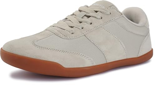 WHITIN Wide Toe Box Barefoot Sneakers for Women Suede Leather Minimalist Zero Drop Sole Shoes Size 9 Width 9W Athletic Lace Up Beige Gum 40