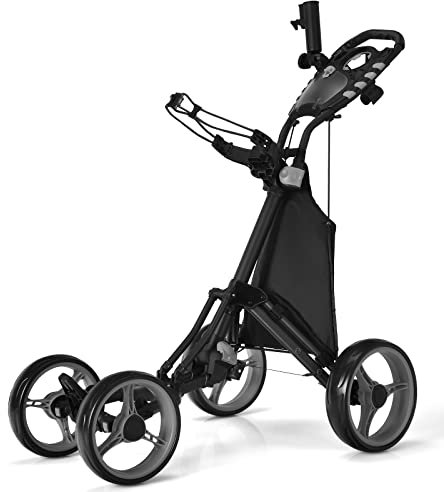 LIFEZEAL Golftrolley mit 4 Rädern, Golf Push Cart mit Fußbremse, Golfcaddy mit Aufbewahrungstasche & verstellbarem Griff, 110 x 65 x 100 cm (Grau)