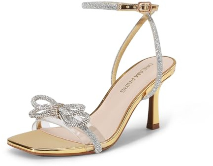 DREAM PAIRS Women's Double Bowknots Heels Sandals,Gold-Pat,4