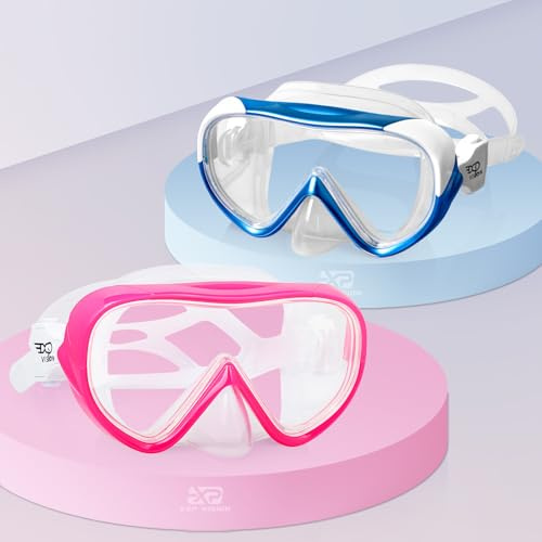 Kinder Taucherbrille 180° Panorama Kind Schnorchelmaske, Anti Nebel Tauchmaske gehärtetes Glas Schwimmmaske Junge Silikon Tauchermaske Mädchen Schwimmbrille mit Nasenabdeckung 4-16 (Rosa+Blau 2pcs)
