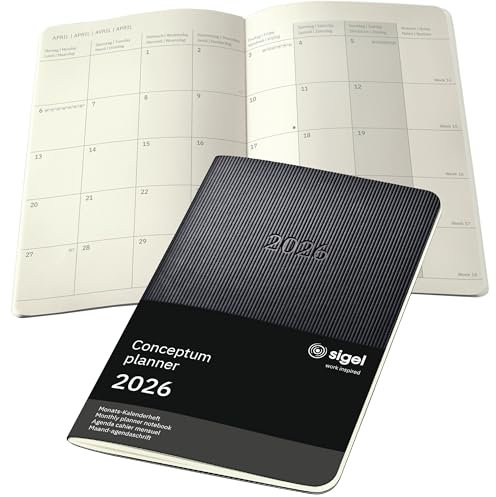 SIGEL C2685 Monats-Kalenderheft Monatsplaner 2026, ca. A6, schwarz, Softcover, 2 Seiten = 1 Monat, 64 Seiten, Quickpocket, aus nachhaltigem Papier, Conceptum