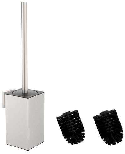 Mozmmhi Spazzola per WC in acciaio inox 304, con montaggio a parete e porta scopino – Include 2 testine (Square Silver)