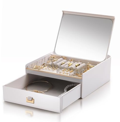 HOZKUY Jewellery Box Organiser with Mirror, 2 Layer Jewellery Case with Linkage Design Drawer, Ample Storage Space for Rings, Earrings, Bracelets and Necklaces
