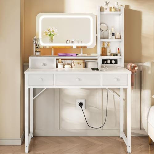 ODK Schminktisch mit Verstellbarem LED-Spiegel, Toilettentisch mit 4 Stoffschubladen, Schminktisch mit Eingebautem USB-Anschluss, Weiß Make-up-Tisch 100×40×140cm