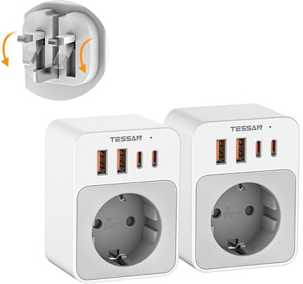 TESSAN Confezione da 2 Adattatore Presa Inglese, 5 in 1 Adattatore UK da Viaggio, Compatto e Pieghevole Spina Inglese USB C 20W, per Irlanda Londra Malta Dubai Zanzibar Presa Elettrica Tipo G