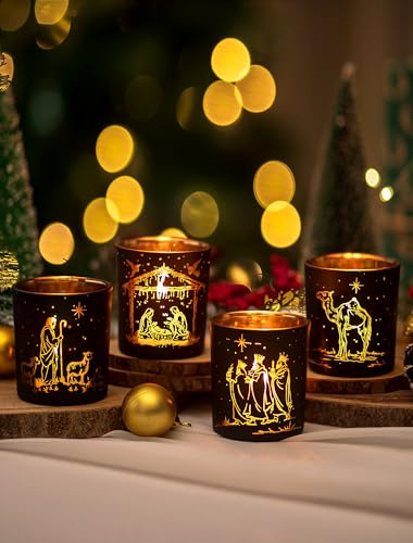 Romadedi Set di 4 portacandele in vetro per presepe natalizio, decorazione interna con scene nativity per tavolo, soggiorno, avvento, ideale per decorazioni natalizie, regali cristiani