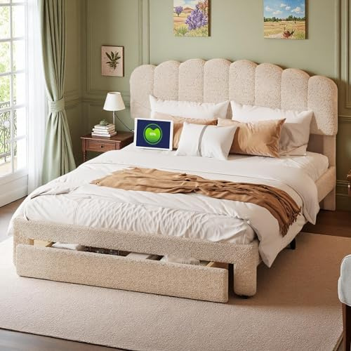 Letto capitonné 160x200cm, Letto matrimoniale con cassetto portaoggetti e porta USB, Letto contenitore con rete a doghe e testiera regolabile in altezza, Teddy Velours, Beige (Beige, 160 x 200)