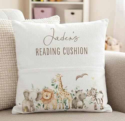 Personalised Safari Reading Cushion for Kids | Custom Name Pocket Pillow with Lion & Elephant | Toddler Story Time Gift for Nursery Decor 40x40cm