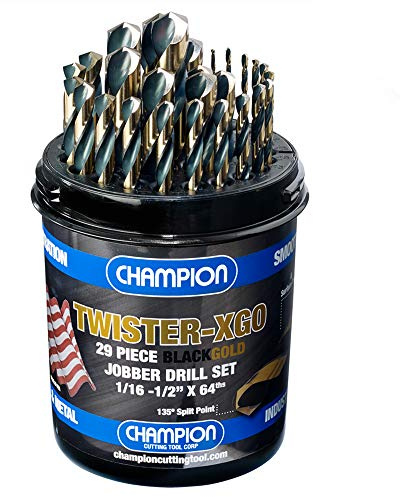 Champion Cutting Tool Corp TWISTER-XGO Champion Cutting Tool Heavy Duty Black & Gold 29Piece Jobber Drill Bit Set- Made In USA, 135° Split Pt., 1/16-1/2x 64Ths,