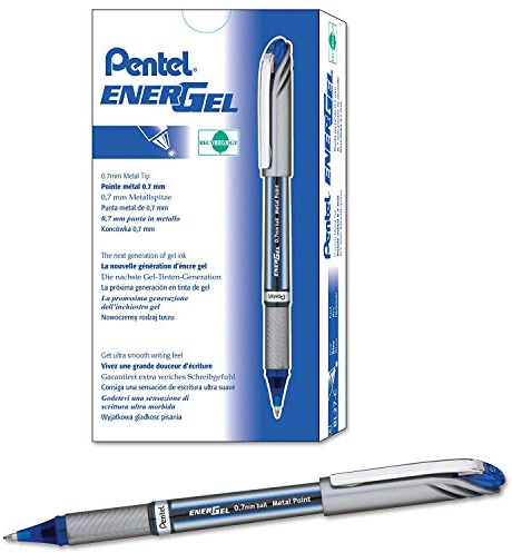 Pentel Energel Plus Metal Tip Liquid Gel Rollerball Pen 0.7mm Blue BL27-C (12 Pack)