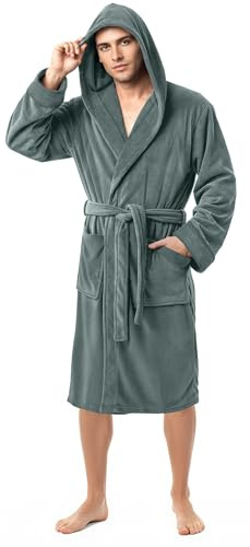 NY Threads Mens Dressing Gowns Fleece Fluffy Hooded Bathrobe Men Warm Luxury Housecoat and Nightgown, Large, Steel Grey