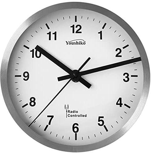 Youshiko Radio Controlled Wall Clock (Official UK & Ireland Version), Premium Quality, Silver Bold Classic Design, Aluminium Case 20cm, 8-Inch Diameter, Home/Kitchen/Office/School Clock, Easy to Read