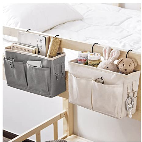 Bedside Storage Caddy – Hanging Organizer with Multiple Pockets by KOKSI – Grey Fabric Bedside Pocket for Magazines, Books, Remotes, Smartphones – Ideal for Sofa, Armrest, Bedroom