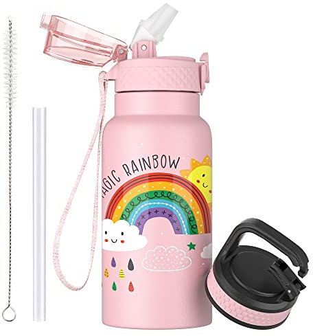 Oldley Botella Agua Aislada Acero Inoxidable para Niños 500ml/17oz con Pajita Metal Doble Pared al Vacío a Prueba Fugas Reutilizable Pequeña Botella con 2 Tapas Diferentes Bebidas Frías Calientes
