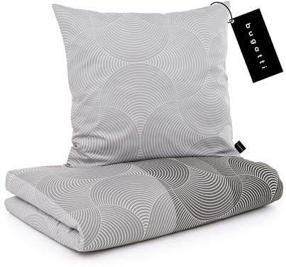 bugatti Bettwäsche 155x220 cm - 100% Baumwolle, Reißverschluss, anschmiegsam, weich & waschbar, Mako Satinbettwäsche Kreise grafisch grau