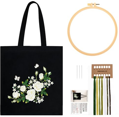 JSRQT Kit da Ricamo per Borsa in Tela per Principianti Adulti, Kit per Punto Croce Stampato con Motivo a Rosa Bianca, Borsa da Ricamo Fatta a Mano Artigianato con Cerchio, Aghi e Fili, Nero