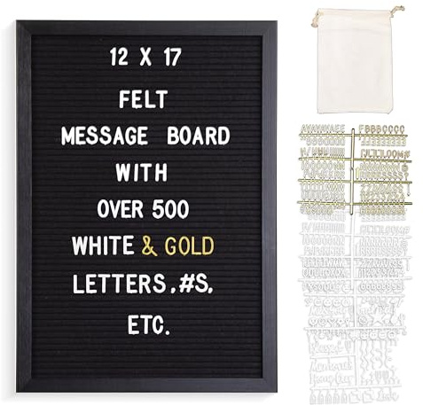 Better Office Products - Tablero de letras de fieltro enmarcado de madera real, tablero de mensajes intercambiables, 12 x 17 pulgadas, soporte plegable y soporte de pared, más de 500 piezas de letras,