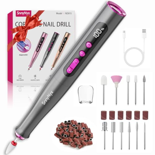 SnnyNyx Electric Nail Drill Professional, 35000RPM Cordless Acrylic Nail Kit for Nail Polish Remover, Electric Nail File Buffer Grinder, Nail Filer Electric Manicure and Pedicure kit (Matte Gray)