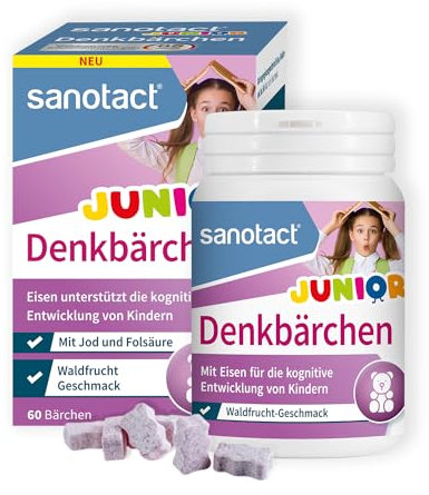 sanotact Denkbärchen Junior (60 Lutschtabletten) • Mit Eisen, Folsäure & Jod • Eisen Tabletten für die kognitive Entwicklung bei Kindern • Vitamine für Kinder • Waldfrucht-Geschmack