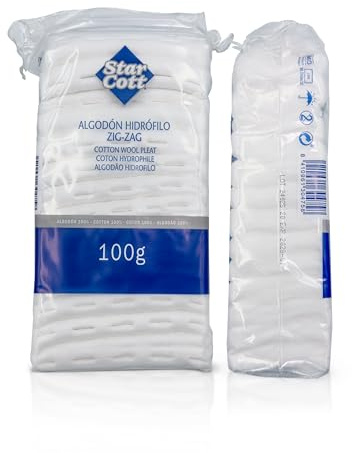 Star Cott - Cotone Idrofilo Bianco in Formato Zig Zag, Blanqueado sin Cloro, 100% Cotone Puro - Ideale per Cura della Pelle Sensibile, Trattamento di Ferite e Applicazione di Disinfettanti
