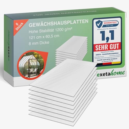 Exeta 8x Gewächshausplatten 8mm I Polycarbonat Hohlkammerplatten für Gewächshäuser I PC Doppelstegplatten UV-beständig & bruchsicher I für Garten, Frühbeet uvm I 60,5cm x 121cm I Transparent