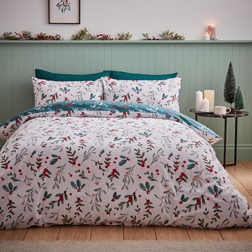 Catherine Lansfield Brushed Cotton Christmas Holly and Mistletoe Double Duvet Cover Set with Pillowcases White Green