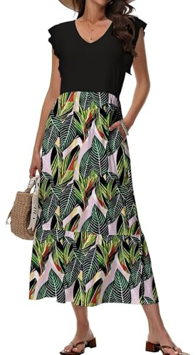 Tanmolo Robe Longue d'été pour Femme Maxi Robe de Plage avec Décolleté V Style Swing à Motif Floral et Poches（Grandes Feuilles S）