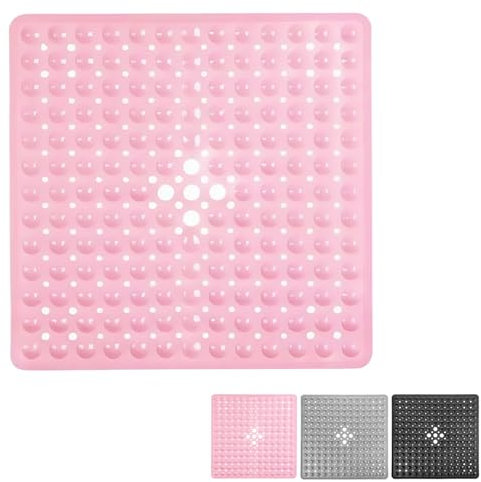 Tappetino da bagno per doccia, anti muffa, tappetino da bagno antiscivolo per vasca, tappetini da doccia con ventose, fori di scarico, lavabile in lavatrice, vasca (Rosa, Quadrato 53 * 53 cm)
