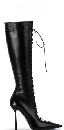 Saint Leia Women's Knee High Boots Pointed Toe Lace Up Stiletto Heel Fashion Elegant Long Boots(Black PU,7.5)