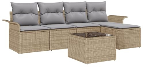 vidaXL Garten-Sofa-Set mit Kissen 6 pcs Beige Poly Rattan, Garten und Terrasse, modernes, modulares Outdoor-Sofa, verstellbare Füße, Rattan-Sitzgruppe, wetterfest
