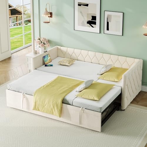 ModernLuxe Pull Out Sofa Bed with Integrated Charging Station, 3FT Upholstered Single Day Bed with USB and Type-C Ports, Comfortable 2 Seater Sofa for Living Room, Bedroom, or Study Room, Linen, Beige