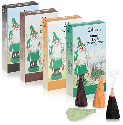 com-four® 96x Räucherkerzen - Duftkegel in 4 weihnachtlichen Nuancen - Räucherstäbchen für Advent und Weihnachten - erzgebirgische Räucher-Hütchen mit Weihnachtsduft (096 Stück)