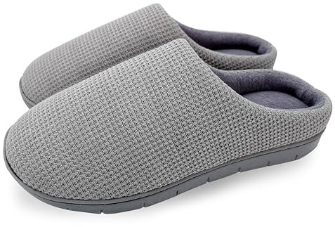 ofoot Mens Cozy Waffle Knitted Slip On Memory Foam Closed Toe Clog Anti-Skid Rubber Sole Slippers Indoor Outdoor house shoes(EU 42-43.5,Grey)