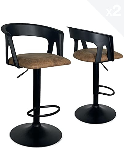 KAYELLES Lot de 2 tabourets de Bar Cuisine, Hauteur réglable, pivotant 360°, Repose Pieds, Assise Simili Cuir rembourrée, Dossier et accoudoirs AYO (Noir Marron)