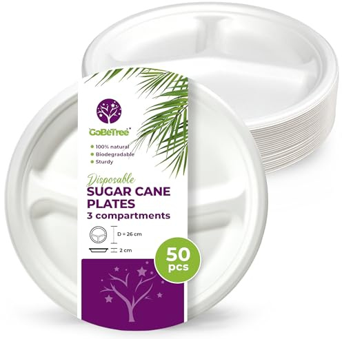 GoBeTree 50 Piatti monouso da 26 cm con 3 scomparti. Piatti in canna da zucchero, stoviglie monouso extraforti di colore bianco. Piatti rotondi.