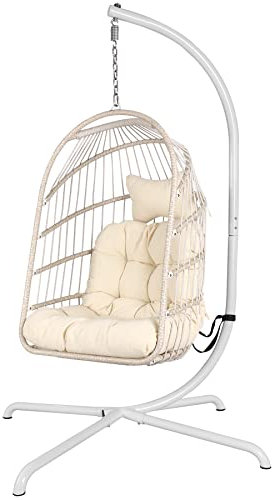 Hängesessel mit ultrastarkem Ständer und Kissen Faltbarer Korbgeflecht Rattan Hängesessel Schaukelstuhl Indoor Outdoor Terrasse Liegestuhl Hängematte Stuhl 330 lbs Kapazität Balkon Veranda