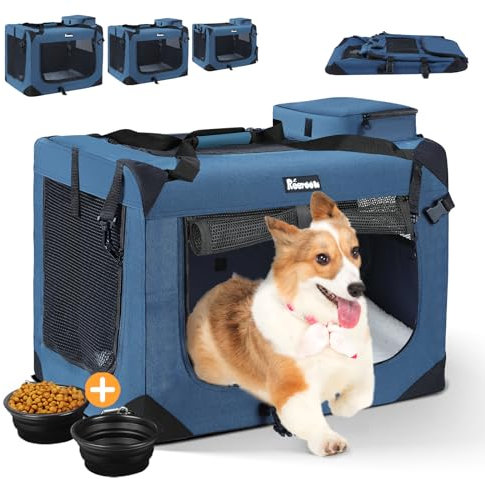 Reerooh Hundebox L 70x52x52cm, Faltbar Hundetransportbox Inkl.Hundenapf, Tragbare Hundetasche für Reisen, Hunde und Katzen Auto Haustiertransportbox (Dunkelblau, L)