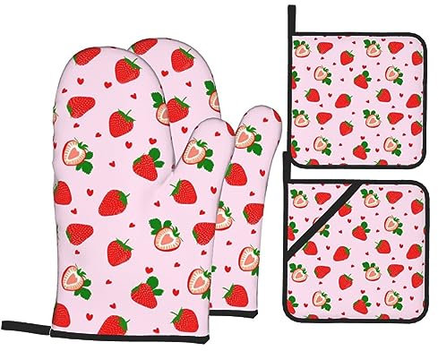 Lot de 4 maniques et maniques en forme de cœur en forme de fraise - Résistants à la chaleur - Antidérapants - Cadeaux pour la pâtisserie, la cuisine, la cuisine, la décoration, le barbecue