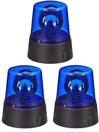Relaxdays Lampada Polizia Party, Set 3 LED Lampeggianti, Riflettore Girevole, Gioco a Batteria, Luce Stroboscopica, Blu