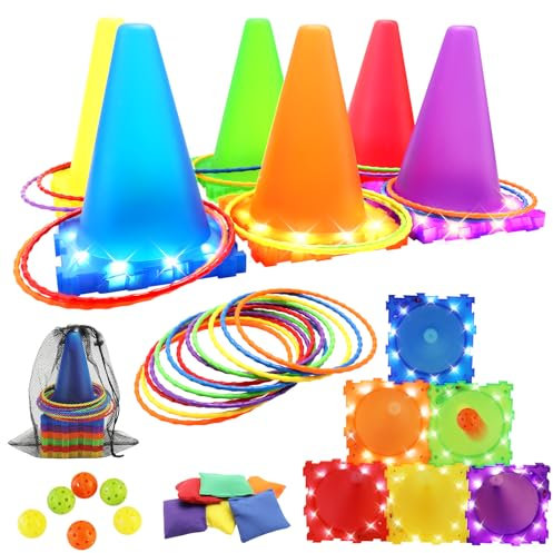 VATOS Light Up Wurfspiele Outdoor Spiele Gartenspiele für Kinder 3 4 5 6 Jahre, Ball & Ring & Bean Bag Toss Spiel Set, Wurfspiel Gartenspielzeug Spiele für Draussen Outdoor Spiele Spielzeug für Kinder