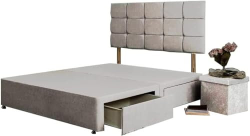 BEDS PLANET Crushed Velvet Fabric Bed Base with 2 Drawers | Silver divan bed | Modern Divan Bed Base with Matching 20-inch Headboard (4FT6 Double (2 Drawer))