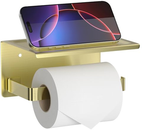 HITSLAM Gold Toilet Roll Holder with Shelf, Self Adhesive or Screw Wall Mount Toilet Paper Roll Holder, Rustproof Stainless Steel Toilet Tissue Holder for Bathroom, Kitchen