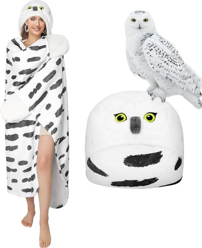 Pewjury Manta con Mangas y Capucha, con Guantes, Diseño de Animales, Mullida, de Franela para Regalo para Mujeres (Blanco, 130 x 160 cm)