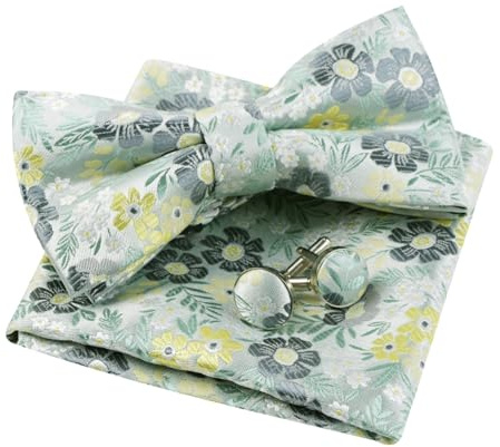 Alizeal Herren-Fliege, Einstecktuch und Manschettenknöpfe, vorgebundene Fliege, mit Blumenmuster, klassisches Hochzeits- und Party-Set