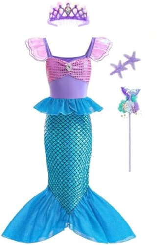 Lito Angels Costume Principessa Sirena Sirena Abito con Corona e Parrucca per Carnevale Ragazza Taglia 4-5 Anni, Viola Blu (120)