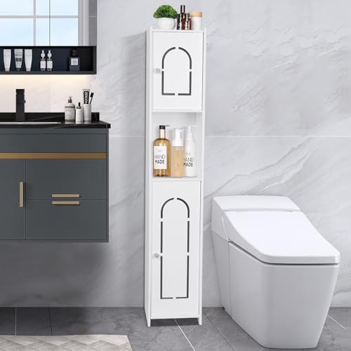 YUET Floor Cabinet, FreeStanding White PVC Toilet Paper Holder with Shelf, Bathroom Storage Tissue Organizer, Column with Toilet Roll Holder Dispensers Cupboard Free Standing (TSC03)