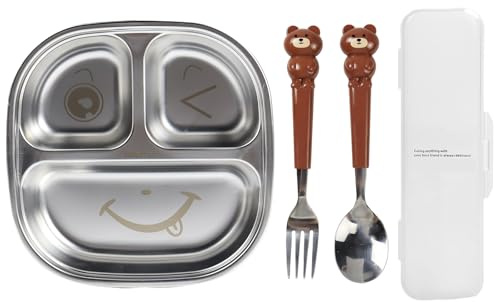 UZSUZZ Barntallrikar i rostfritt stål med sked och gaffel lunchtallrik rostfritt stål diskmaskin och mikrovågsugn säker