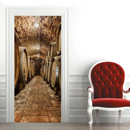 Adesivi per Porte Botti di Legno Per Vino Adesivo Porta Interna Cantina di Vini D'annata 3D Pellicola Adesiva Carta Da Parati Soggiorno Autoadesivo Porta Murale Decorazione 85x200 cm M1726