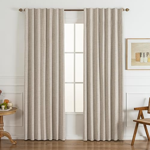 Gleantdeco 100% Verdunkelungsvorhänge 215 cm Länge Naturleinen 2-TLG. Landhausvorhänge Wohnzimmer Dunkelheitsthermik Strukturierter Flachsleinen-Stoff Inkl. Haken & Ringen